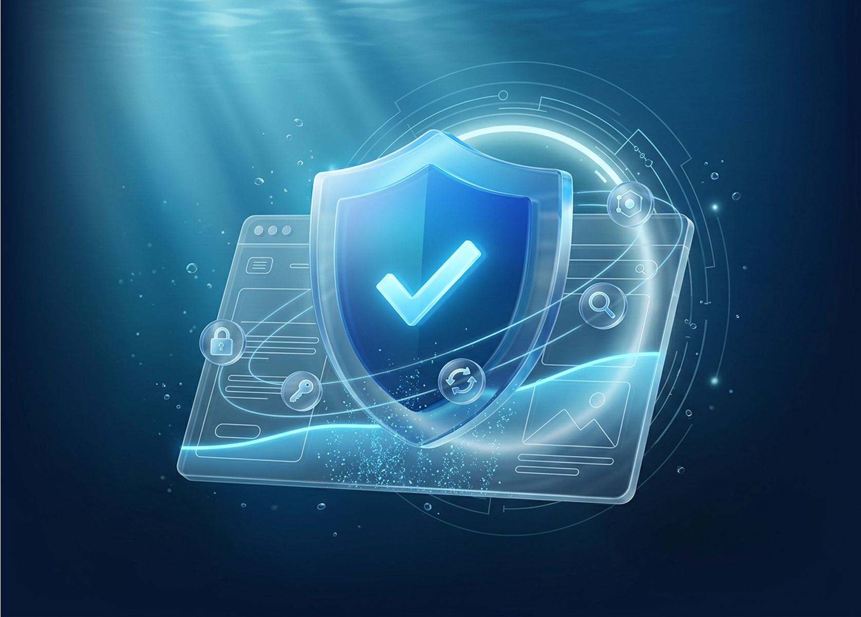 Leuchtendes Schutzschild mit Häkchen schwebt vor einem halbtransparenten Webseiten-Mockup in tiefblauer Tech-Atmosphäre, visualisiert die Schutzwirkung des Sicherheitschecks für die eigene Webseite