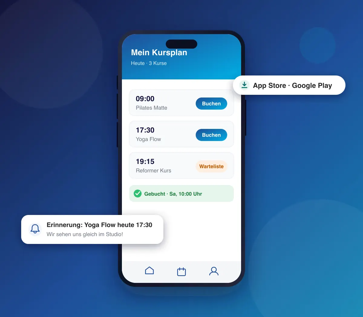 Studio-App auf dem Smartphone mit Kursplan, Buchung und Push-Erinnerung
