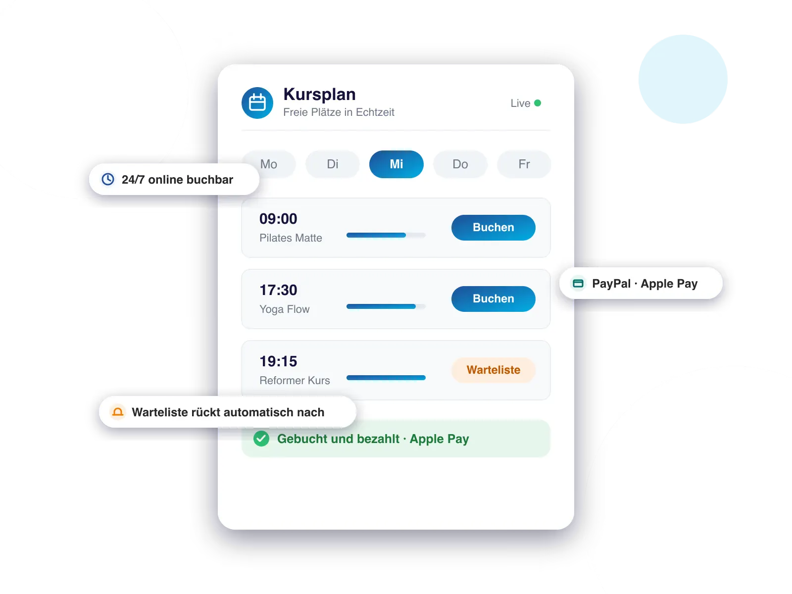 Kursplan mit freien Plätzen in Echtzeit, Online-Buchung, Warteliste und Zahlung per Apple Pay
