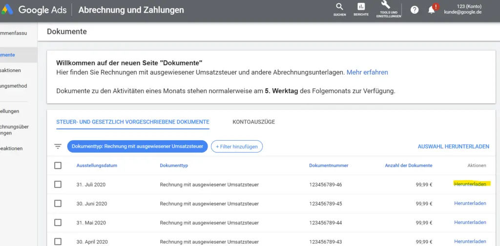 Google Ads Rechnung herunterladen