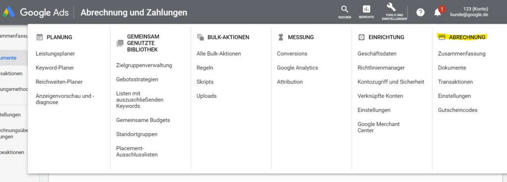 Google Ads Rechnung finden