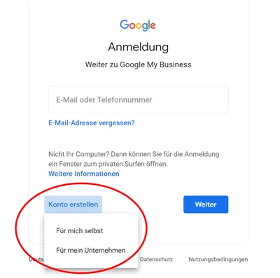 Neues Google Konto erstellen für Google My Business