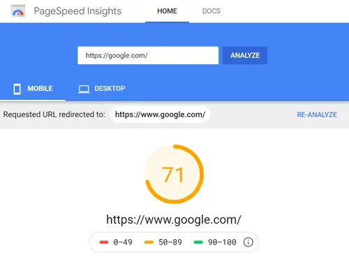 PageSpeed Insights Ergebnis für Google.com