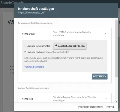 Property bei der Google Search Console bestätigen