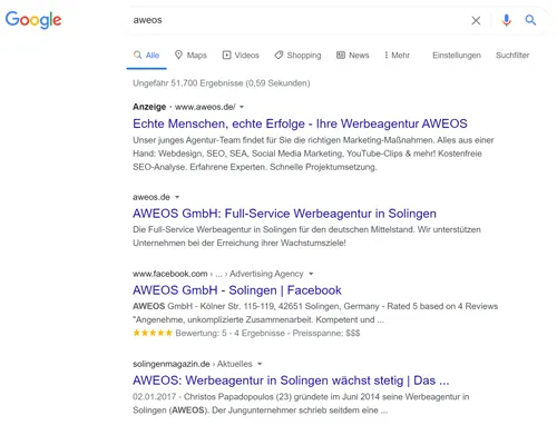 Google Suche nach aweos mit Anzeigen und organischen Suchtreffern