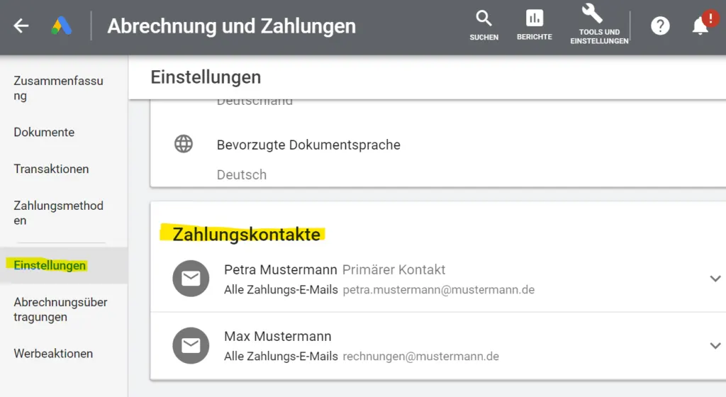 Zahlungskontakte für Ads bei Google verwalten
