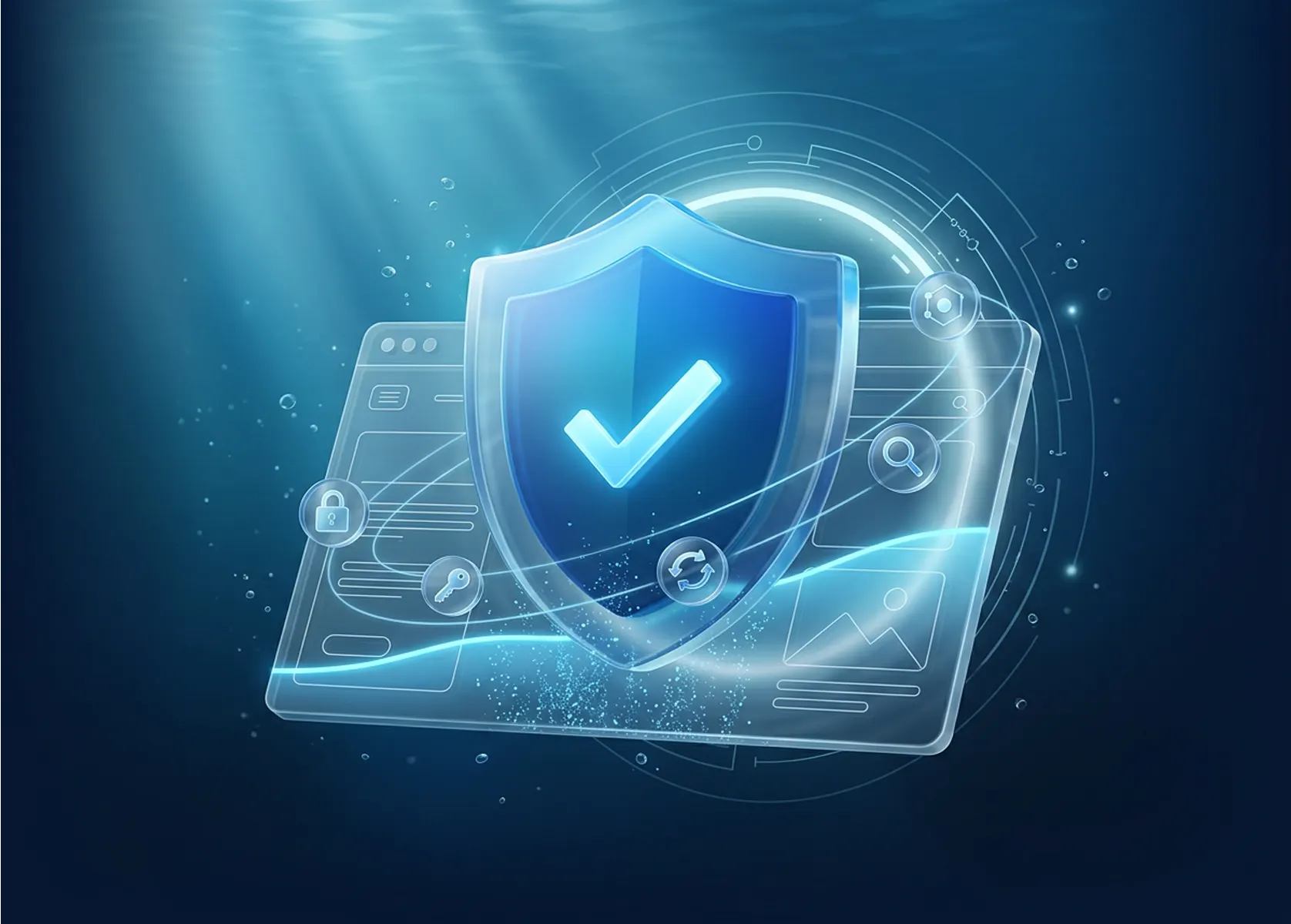 Leuchtendes Schutzschild mit Häkchen schwebt vor einem halbtransparenten Webseiten-Mockup in tiefblauer Tech-Atmosphäre, visualisiert die Schutzwirkung des Sicherheitschecks für die eigene Webseite