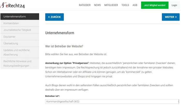 Kostenloser Impressum Generator von eRecht24