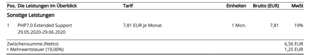 Beispiel für den PHP7.0 Extended Support bei 1&1