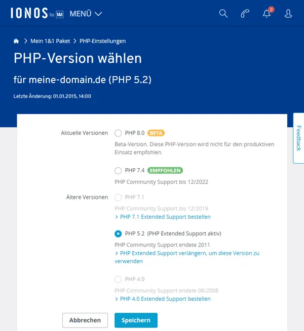 1und1 Ionos PHP-Version ändern