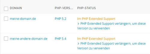 1und1 Ionos PHP-Version Domainübersicht