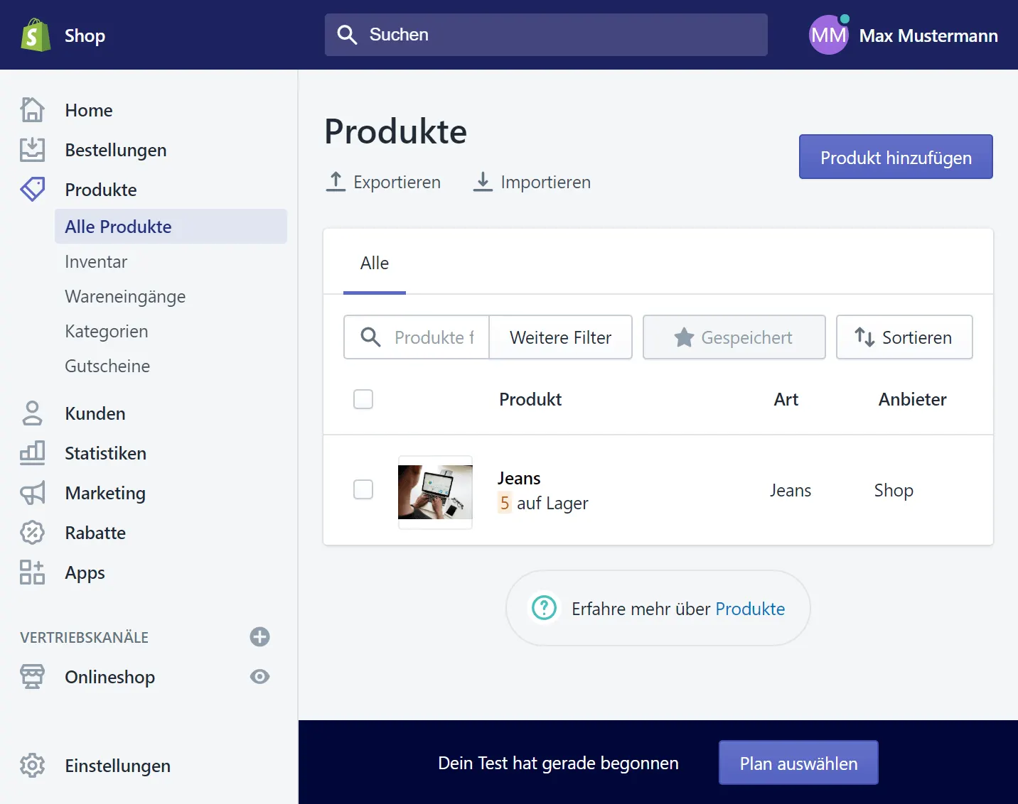 Shopify Oberfläche Produkte