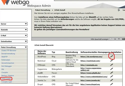 1Click Installer von webgo für WordPress