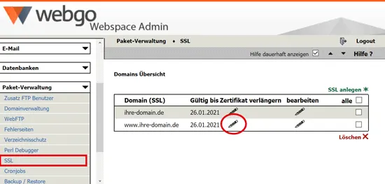 SSL Zertifikat bei Webgo erneuern
