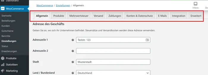 WooCommerce Einstellungsmenü
