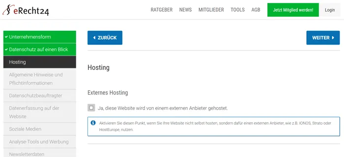 Kostenloser eRecht24 Datenschutz-Generator