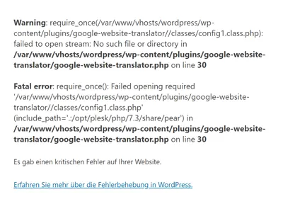 WordPress kritischer Fehler mit Debug-Mode aktiv