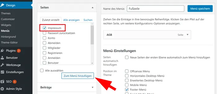 Unterseite Impressum im Footer von WordPress einbinden