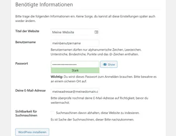 WordPress Installer: Seitentitel und Benutzernamen festlegen