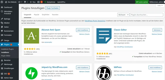 WordPress Plugins über die WP-Admin Verwaltung installieren