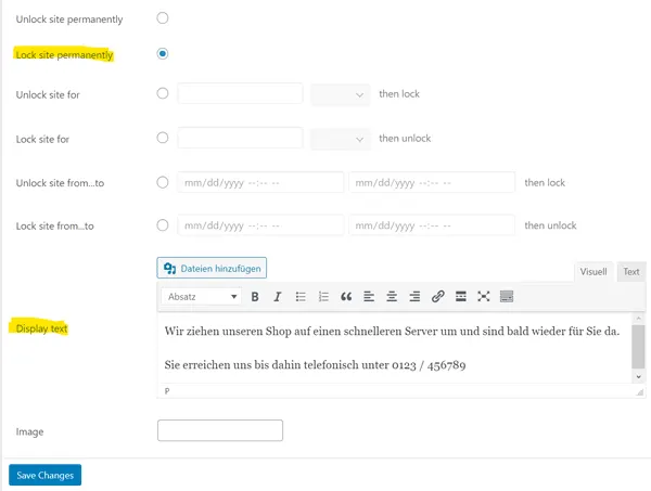 WP Lock Einstellungen