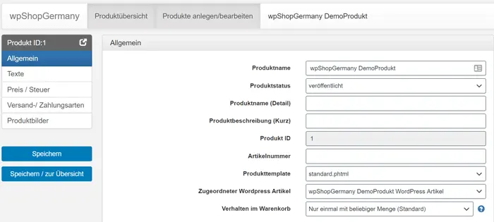 wpShopGermany Benutzeroberfläche