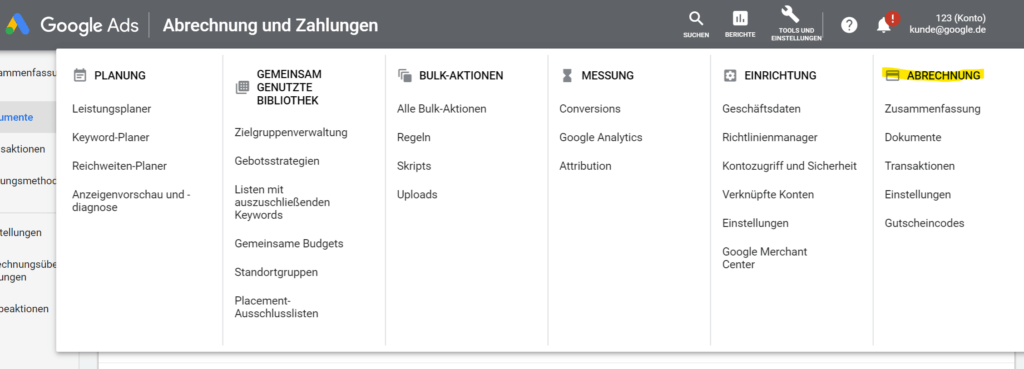 Google Ads Rechnung finden