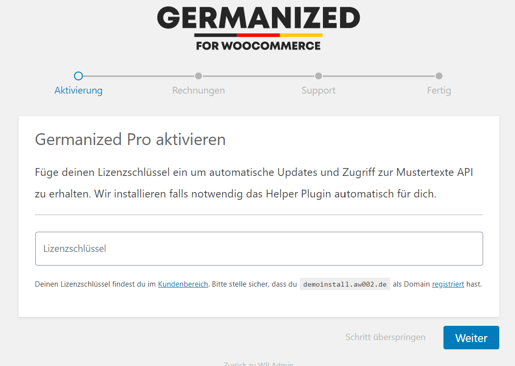 WooCommerce Germanized Lizenz aktivieren