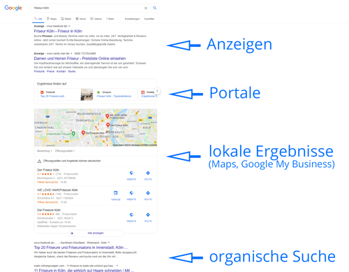 Google Suche nach Friseur Köln mit Local Snack Pack