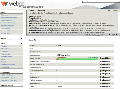 WebGo Webspace Admin Oberfläche