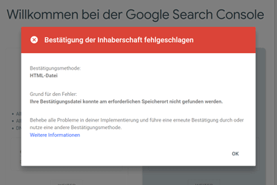 Google Search Console Bestätigung der Inhaberschaft fehlgeschlagen
